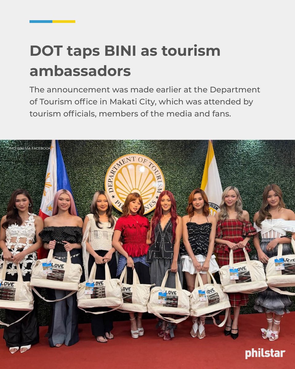 PhilstarNews's tweet photo. OUR NEWEST TOURISM AMBASSADORS 🌸

The nation's girl group BINI has been officially named as one of the country's tourism ambassadors in a move aimed at promoting the Philippines to both local and international travelers. #BINIForPhilippineTourism #BINILoveThePhilippines

Read: https://t.co/2AhJNdNU3F