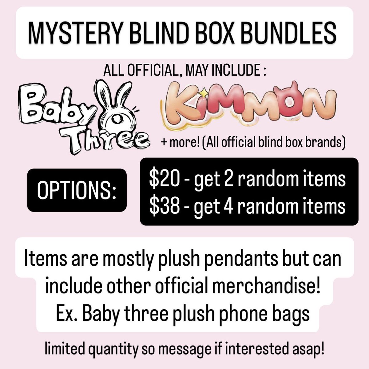 skzchansales's tweet photo. MYSTERY BLIND BOX BUNDLES‼️
LIMITED AMOUNT
ALL OFFICIAL!
OPENED ITEMS BUT NEVER USED
INCLUDES CARD, NO BOX
Message if interested!
#babythree #skullpanda #popmart #blindbox #kimmon https://t.co/6AyZ6c0Mkc