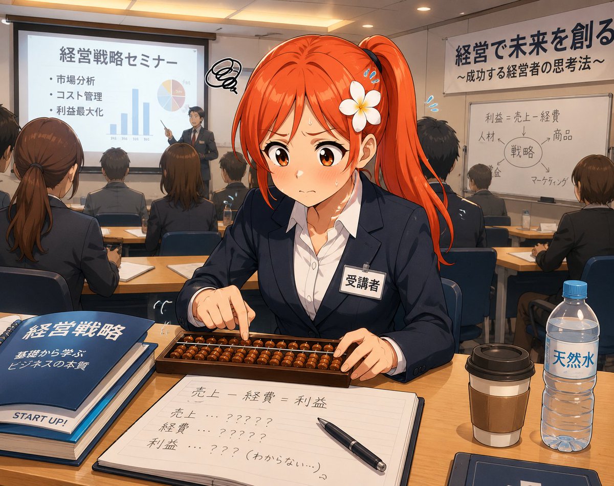 Neko_ai_p's tweet photo. 🌸さくらちゃん開業メモ

『理髪店さくら』の開業に向けて、経営戦略セミナーに参加するさくらちゃん。

｢えーっと、1+2=4だから…｣

数字は大の苦手だが、なんとか置いていかれないよう、一生懸命頑張っている。

特に計算が苦手で、暗算はもちろん、電卓も使えないため、そろばんで計算をする🧮

その時だけは得意気に、パチパチとそろばんを弾くが、そろばんの等級は8級である( > < )՞

さくらちゃん、そろばんの向きが逆だよ‼️

頑張れ、さくらちゃん🌸