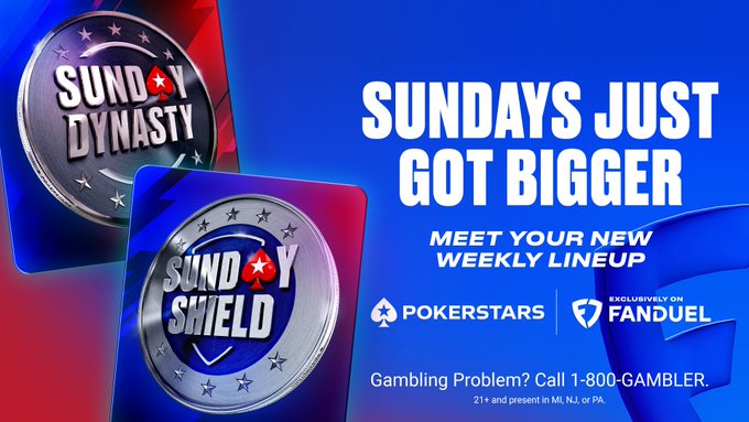 PokerStarsUSA's tweet photo. Your poker Sunday is bigger with PokerStars exclusively on @FanDuel

Our headline Sunday events with a combined $90,000 in guaranteed prize pools this week: 

🔥$70,000 Sunday Dynasty, $100 buy-in, 6pm start
🔥$20,000 Sunday Shield. $30 buy-in, 6.30pm start https://t.co/9dlpuZKIfo