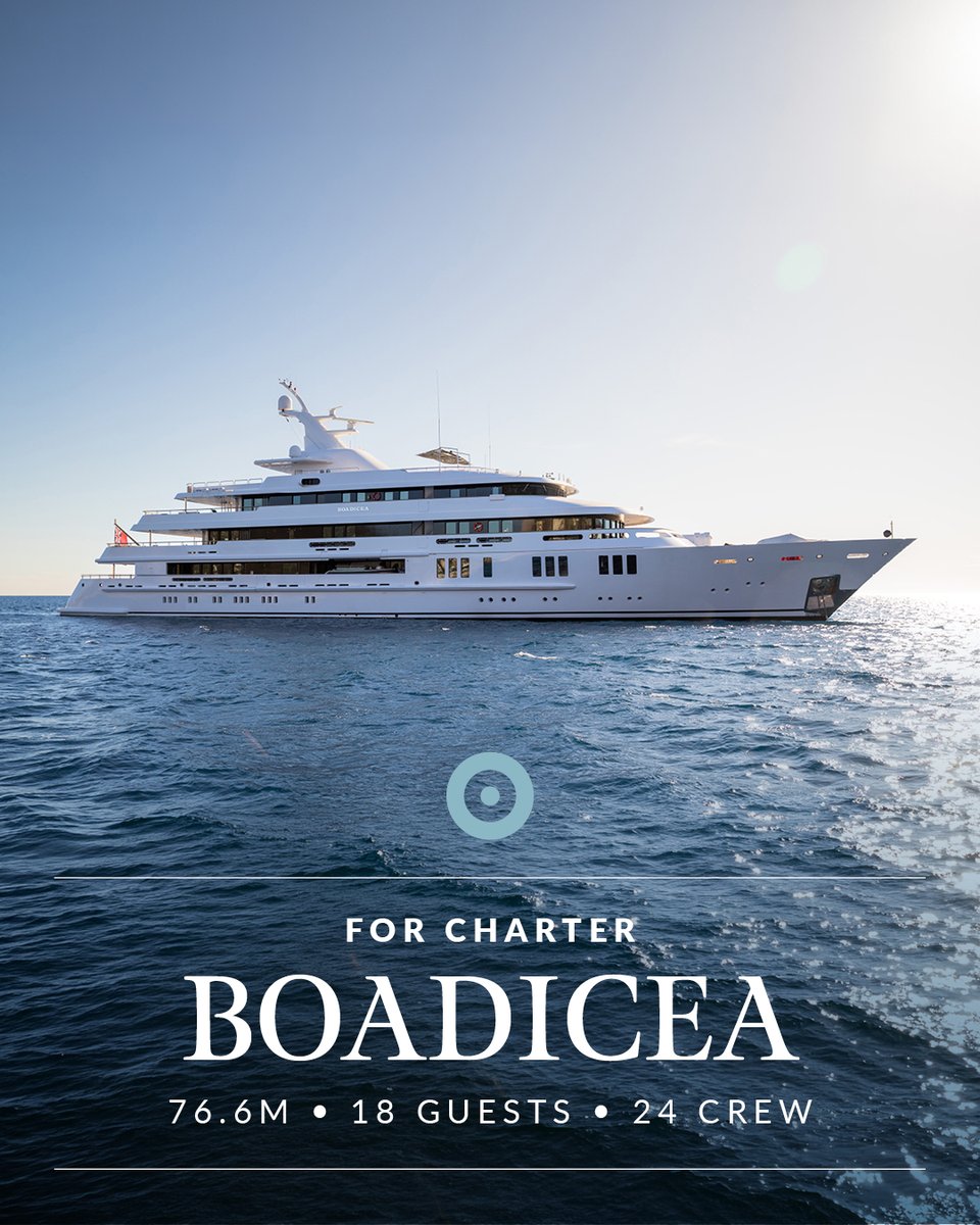 CWPyachts's tweet photo. Extraordinary charters • BOADICEA • 76.6M • 18 Guests • 24 Crew

Introducing BOADICEA. 

At 76.6 metres, BOADICEA offers more volume than most yachts of her length, and she puts all of it to use. Uniquely positioned to accommodate 18 passengers, in 9 cabins.

Two decades of charter have made her one of the most accomplished yachts in her class.
 
Now available to charter this August.

Explore BOADICEA at: https://t.co/Aa0yfimwWs

Discover how things are meant to be, contact us at charter@cecilwright.com or head over to the link in our bio.

#CecilWrightYachts #FewerClientsBetterServed