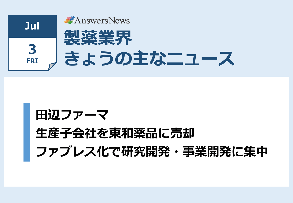 answers_news's tweet photo. 🆕【7月3日】製薬業界きょうのニュースまとめ読み
https://t.co/XoG36xOMU7

■田辺ファーマ、生産子会社を東和薬品に売却…ファブレス化で研究開発・事業開発に集中
#AnswersNews https://t.co/Q0duRDG78O