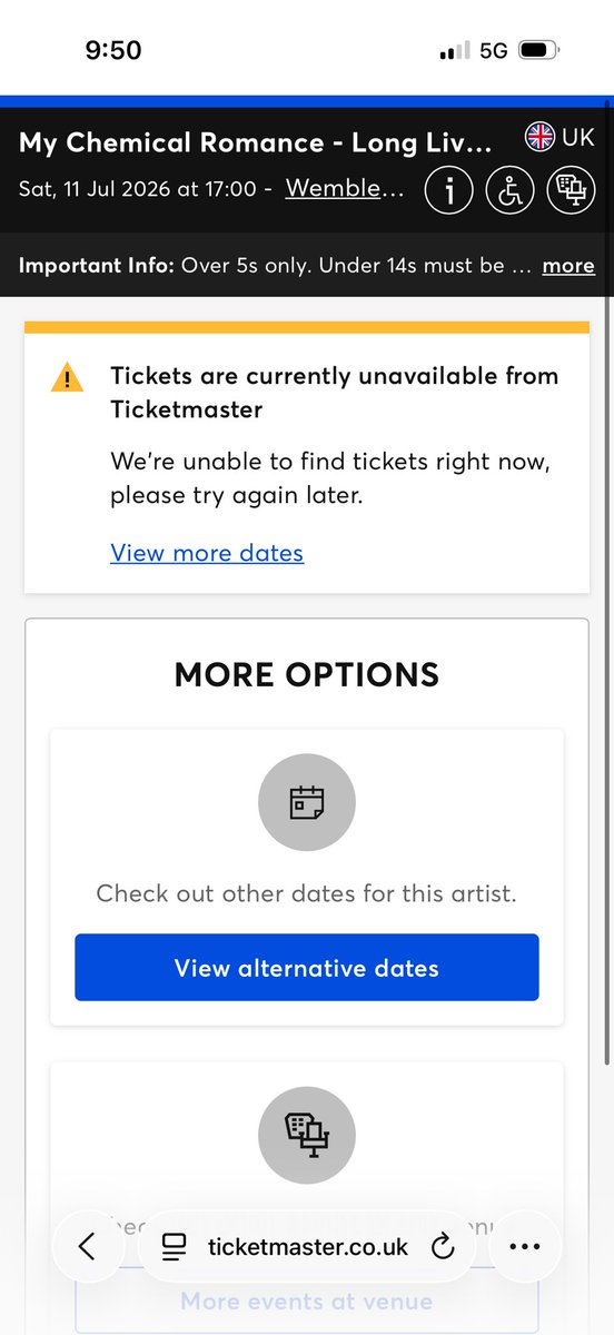 JayCaulls's tweet photo. Getting this page on Ticketmaster when searching for My Chemical Romance Tickets for Wembley Stadium on the Saturday 11th July show?

A friend has a ticket going for sale in the replies (Links in 1st post stunts post reach).

Long Live the Black Parade
#MCR #MCRWembley #MCRLondon https://t.co/dsniYxtvbv