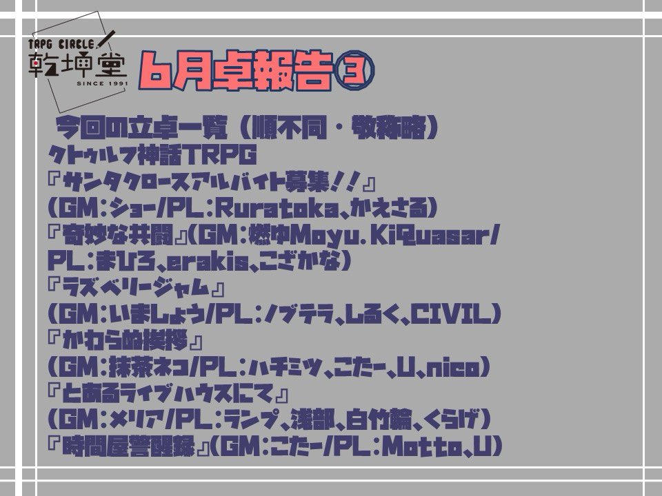 kenkon_trpg's tweet photo. こんばんは、乾坤堂です✨
6月後半の卓報告です 
今回の卓報告数は 68 卓でした🎲

そろそろテストの季節ですね📕
皆さんテストが終わったらTRPGの予定が沢山入っているようです👀
夏休みはなんの卓を回る予定ですか❓ぜひ聞かせてください✨ https://t.co/BJjKpXmmrh