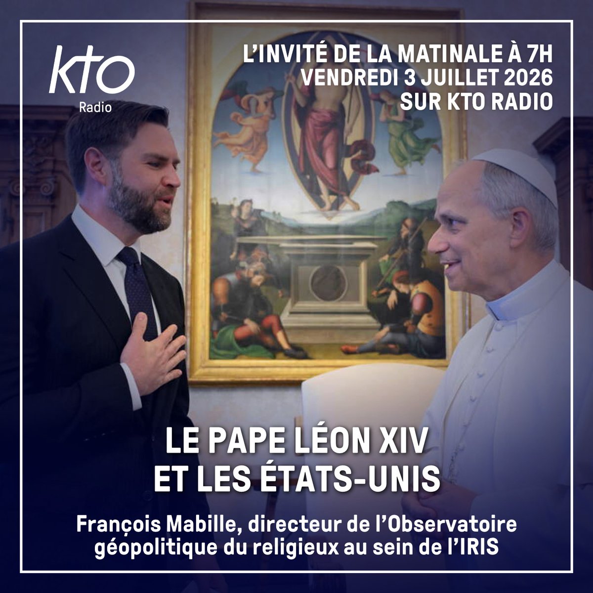 KTO_RADIO's tweet photo. 🇻🇦🇺🇸A la veille d’un #4juillet passé à #Lampedusa plutôt qu’à #Washington, on fait le point sur la relation de #LéonXIV avec son pays de naissance.

🎧Avec François Mabille, directeur de l’Observatoire géopolitique du religieux à l’@InstitutIRIS: https://t.co/k2wzDZ6CMw https://t.co/9tlvaDRH3X