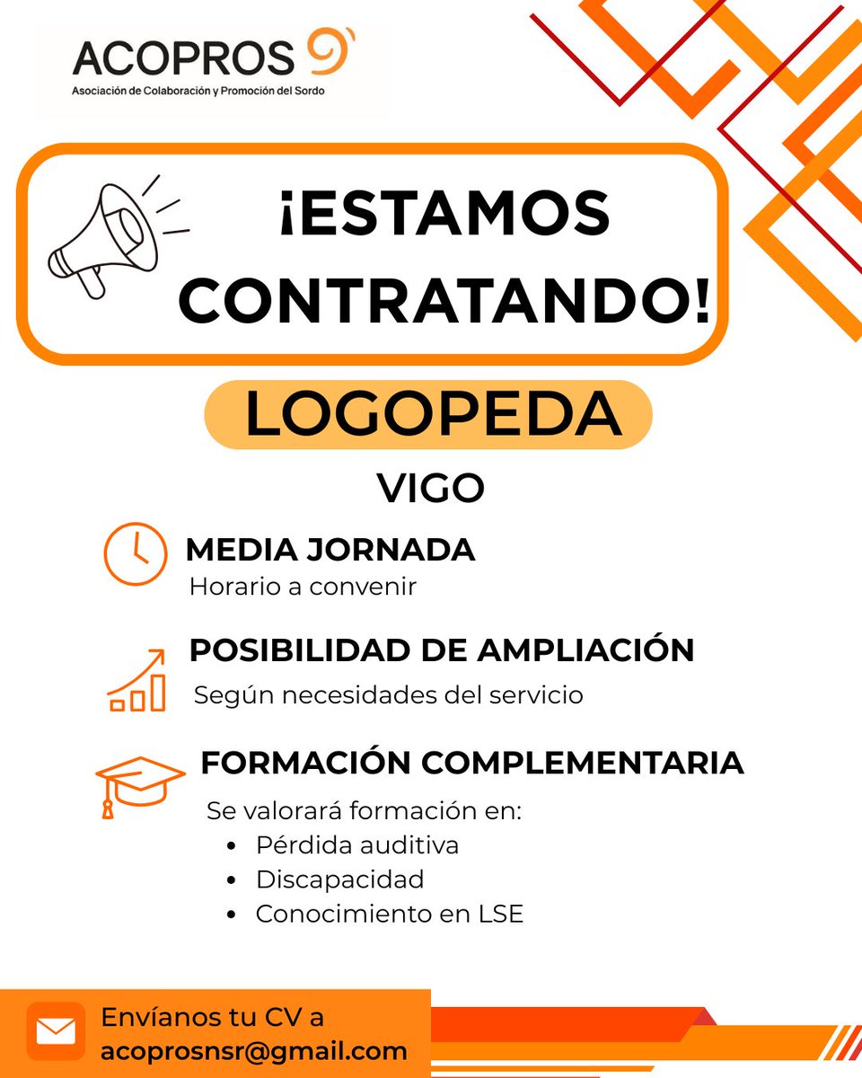 acoprosgal's tweet photo. 📢 ¡Estamos contratando!
¿Eres logopeda y te interesa trabajar con personas con pérdida auditiva? 🦻
📍 Puesto: Logopeda.
✅ Colegiación obligatoria.
📧 Envía tu CV a acoprosnsr@gmail.com indicando en el asunto: "Logopeda Vigo".
¡Te esperamos!
#Empleo #Logopedia #Vigo #Galicia https://t.co/qqI2DPCF5z