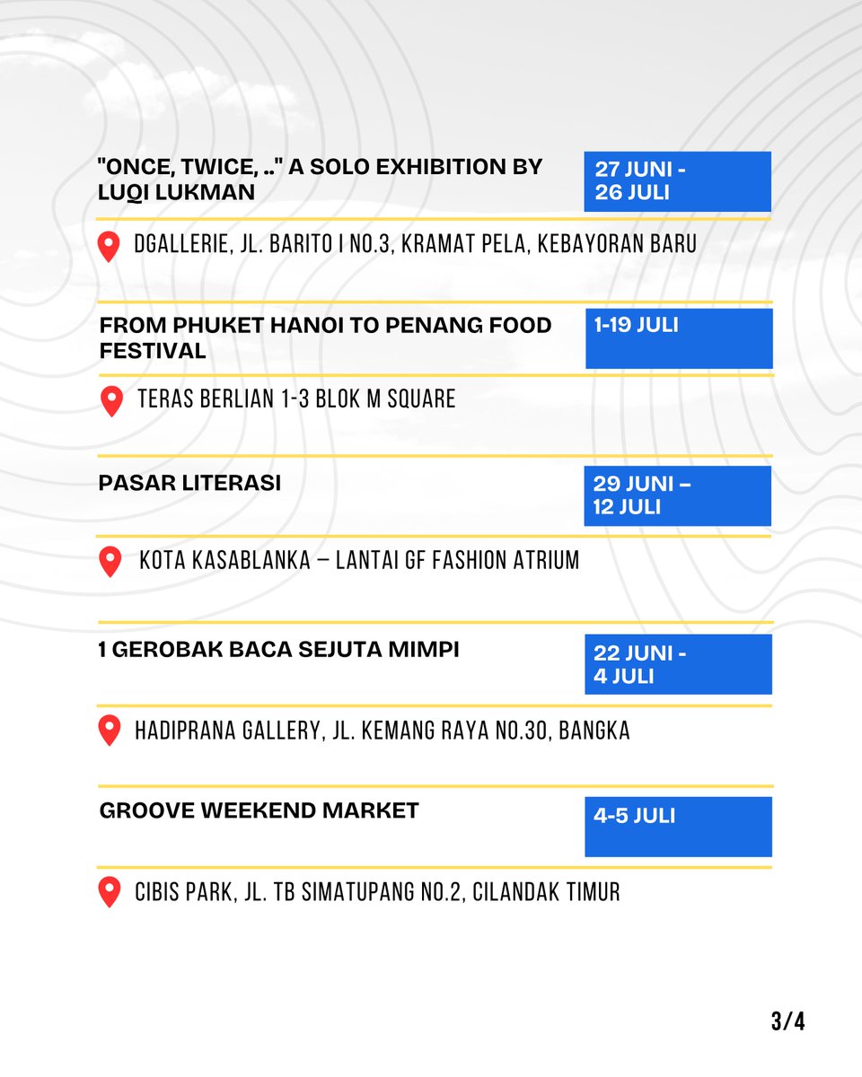 KotaJaksel's tweet photo. Sudah siap menyambut berbagai event menarik dan menyenangkan yang akan hadir di Jakarta Selatan?ππ»ββοΈππ» Yuk cek dilistt berikut! #jakselkotahealing #weekendlist #kalenderjaksel #eventjaksel #hangout https://t.co/TURMsaHwFn