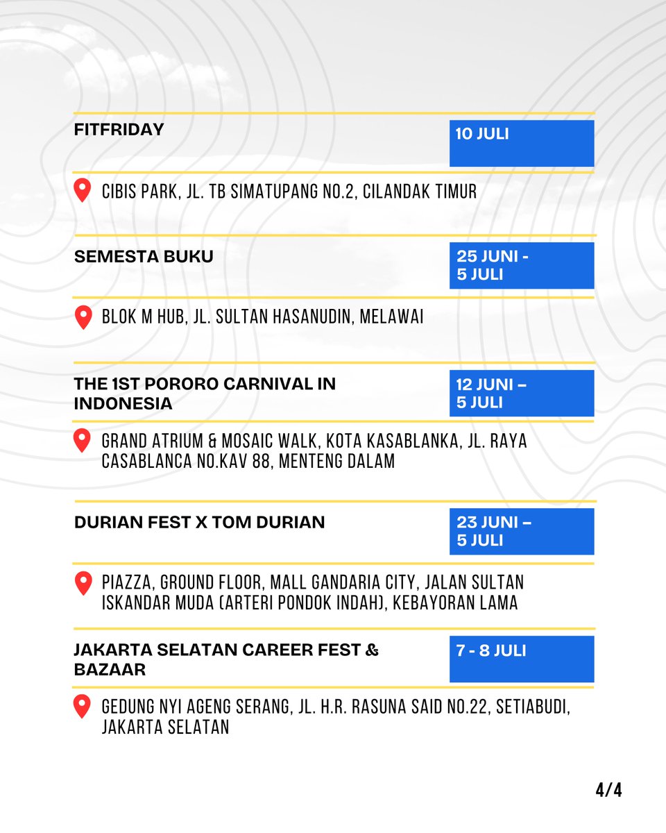 KotaJaksel's tweet photo. Sudah siap menyambut berbagai event menarik dan menyenangkan yang akan hadir di Jakarta Selatan?ππ»ββοΈππ» Yuk cek dilistt berikut! #jakselkotahealing #weekendlist #kalenderjaksel #eventjaksel #hangout https://t.co/TURMsaHwFn