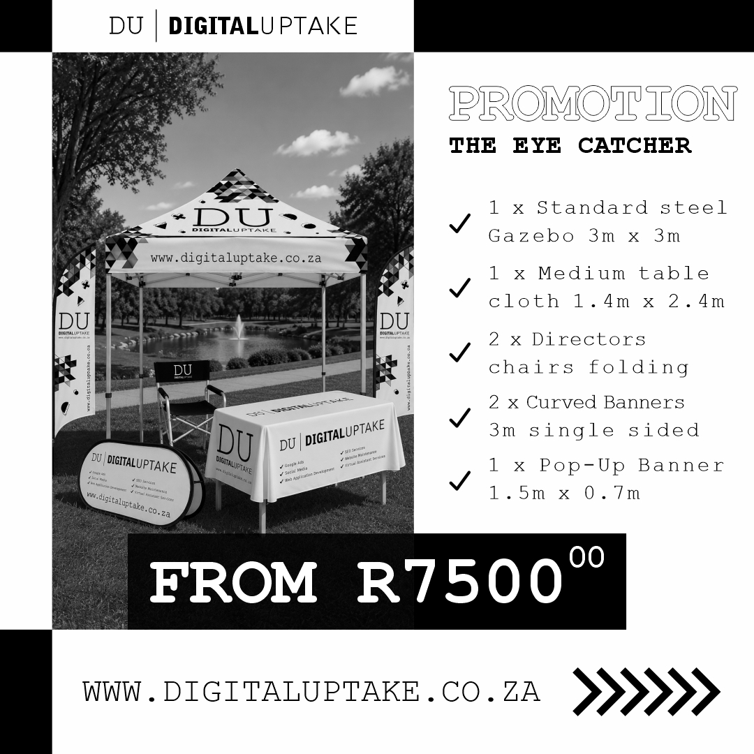 DigitalUpt's tweet photo. THE EYE CATCHER 🚀

✅ 1 x Steel Gazebo | 3m x 3m
✅ 1 x Medium Table Cloth | 1.4m x 2.4m
✅ 2 x Directors Chairs
✅ 1 x Pop-Up Banner | 1.5m x 0.7m
✅ 2 x Single-Sided Curved Banners | 3m
✅ Design Included

💥 FROM R7 500.00

🌐 https://t.co/Vjl4B4jaAR

#DigitalUptake #Events https://t.co/pjLoqQv2Xa