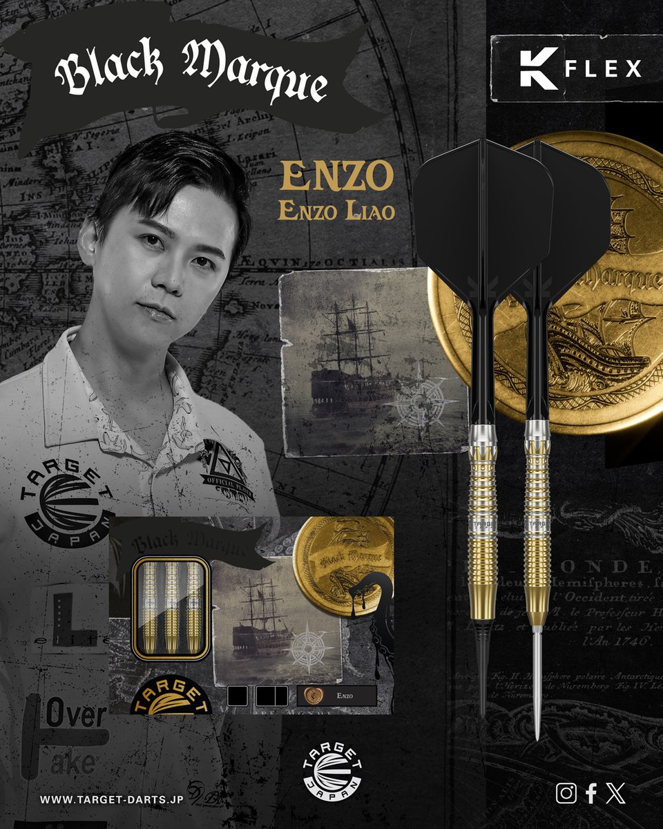 TargetDartsJP's tweet photo. ＼新商品情報／

Black Marque Series
ENZO - Enzo Liao

台湾を代表する実力派プレイヤー、エンゾー・リャオ選手とのコラボレーションモデル。

フロントは緩やかに絞り込み、リアには指にフィットしやすい立体的なふくらみを持たせた、独自のハイブリッドシェイプを採用。

安定したリアグリップを支える特徴的なカーブと、バランスよく配置されたリングカットが、確かなホールド感とスムーズなリリースをサポートします。

クラウンを思わせる繊細なモチーフとPVDゴールドコーティングがラグジュアリーな存在感を演出。

優雅さと力強さを兼ね備えた、エンゾー・リャオ選手のシグネチャーモデルです。

発売日: 7/10(金) 世界同日発売

#EnzoLiao #ENZO
#TargetDartsJapan #JulyLaunch26