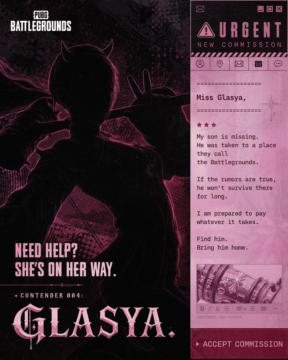 PUBG's tweet photo. The fourth Contender answers the call of the Battlegrounds.

Contender 004: GLASYA coming soon. https://t.co/XP6iFPIaJD