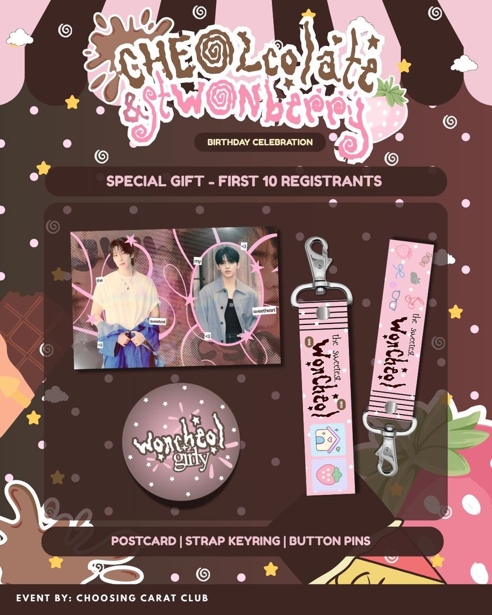 choosingcarats's tweet photo. ۶ৎ 𝐂𝐇𝐄𝐎𝐋𝐜𝐨𝐥𝐚𝐭𝐞 & 𝐬𝐭𝐖𝐎𝐍𝐛𝐞𝐫𝐫𝐲 🍫🍓⋆✴︎˚ 
A Scoups and Wonwoo’s Birthday Celebration.ᐟ ⋆˚࿔ 

ᴛʜᴇ ꜱᴡᴇᴇᴛᴇꜱᴛ ᴘᴀɪʀ ᴡɪᴛʜ ᴀ ꜱᴡᴇᴇᴛᴇꜱᴛ ʟᴏᴠᴇ ₊˚⊹ ᰔ 

KIT PREVIEW IS FINALLY HERE! ⊹ ࣪ ˖ ໒꒱ 
⤿ Be one of the first 10 registrants and get the special gift set along with your kits! ⋆. 𐙚 ˚ 

𝗥𝗲𝗴𝗶𝘀𝘁𝗿𝗮𝘁𝗶𝗼𝗻 𝘀𝘁𝗮𝗿𝘁𝘀 𝗼𝗻 𝗦𝗮𝘁𝘂𝗿𝗱𝗮𝘆, 𝗝𝘂𝗹𝘆 𝟰, 𝗮𝘁 𝟴𝗣𝗠 
⤿ mark your calendars now and see you soon! 

— limited slot only | until all slots are taken 

#TheSweetestWonCheol 
#ChoosingCaratClub