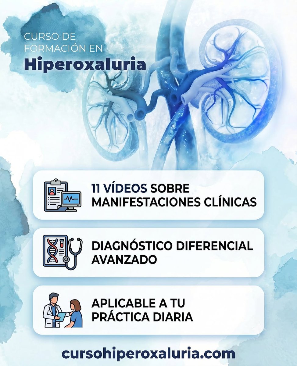 SENefrologia's tweet photo. 🔬 La Hiperoxaluria es una enfermedad rara con un impacto renal grave
⚠️ Y sigue siendo infradiagnosticada
📚 Desde la S.E.N., avalamos este curso online para profesionales de Nefrología👇
🔗 https://t.co/Unr8iffU4I
🎥 11 vídeos sobre manifestaciones clínicas
🧬 Diagnóstico diferencial avanzado
💻 Aplicable a tu práctica diaria
✅ Gratuito y accesible desde cualquier lugar

Patrocinado por @alnylampharma

#Nefrología #Hiperoxaluria #EnfermedadRara