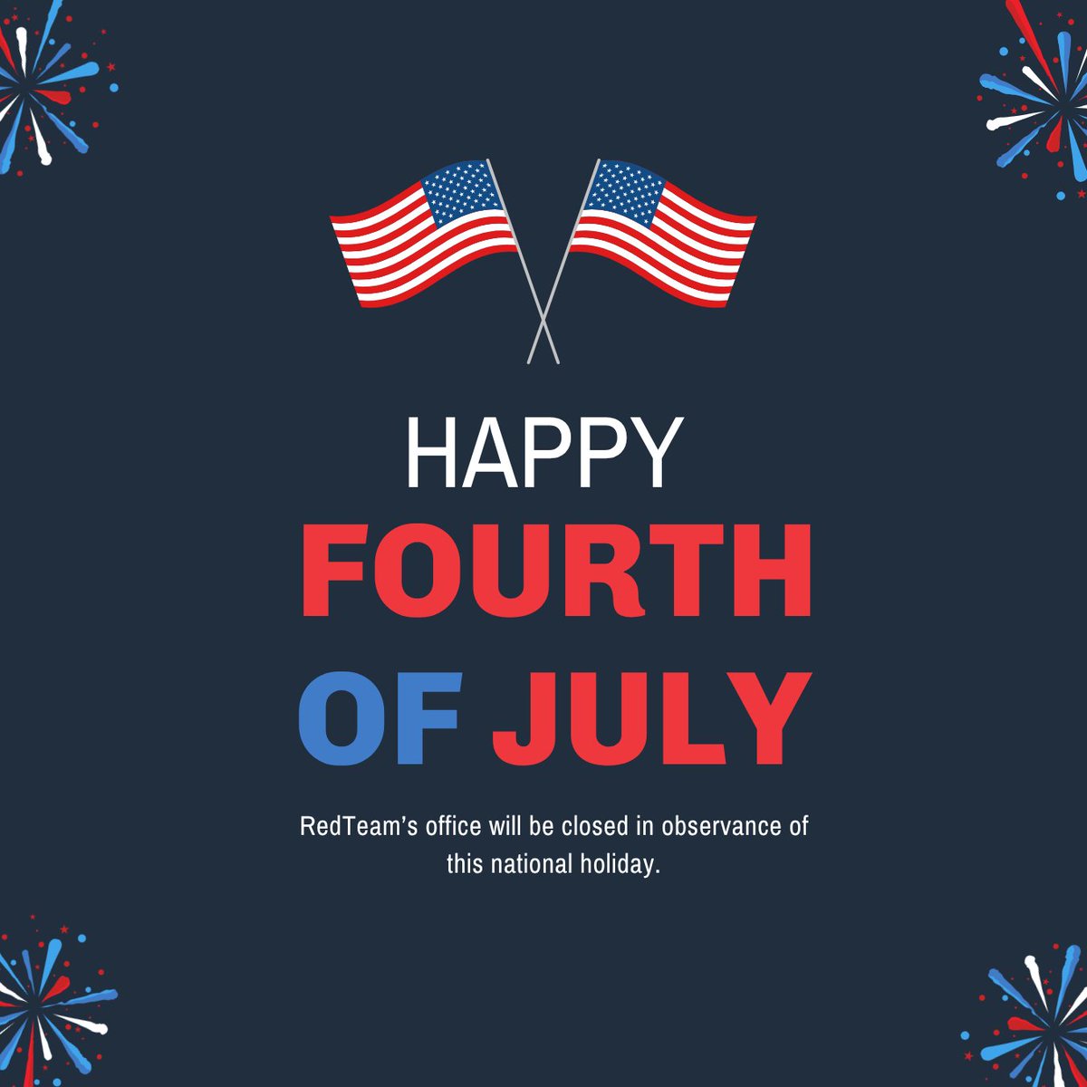 redteamsoftware's tweet photo. Happy Fourth of July from all of us at RedTeam!
Our offices will be closed on July 3rd while our team takes time to celebrate, but our Support team will be available from 8:00 AM to 8:00 PM ET to assist you if you need us.
Have a happy and safe Independence Day! 🇺🇸 https://t.co/fjqXMnuArn