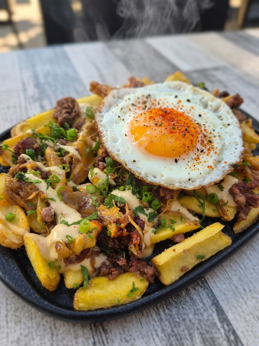 vanheel_timmy's tweet photo. Loaded fries with meat, cheese sauce, onions, herbs and a fried egg on top.
#FoodPorn #LoadedFries https://t.co/yhw9B9QBZD