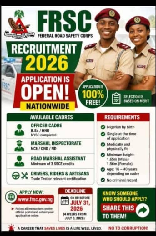 Olytekcomputers's tweet photo. FEDERAL ROAD SAFETY RECRUITMENT OFFICIALLY  ON  

PROSPECTIVE APPLICANTS CAN DM FOR APPLICATION BOOKINGS AND GUIDANCE https://t.co/lmsLnAGB0k