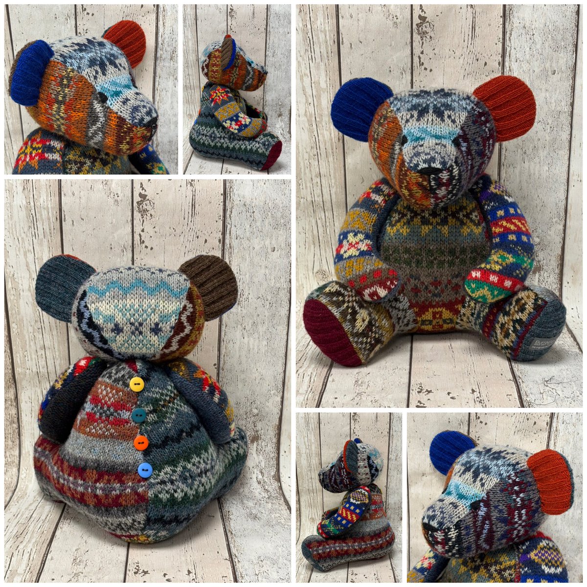 BurraBears's tweet photo. Friday Burra Bear FOR SALE:
'Leif o' Lerrick' made from 10 different pieces of beautiful Fair Isle knitwear by the fabulous @JamiesonsofShet
£135, price includes UK P&P
#burrabears #shetland #FairIsleFriday https://t.co/9NN0VntViZ