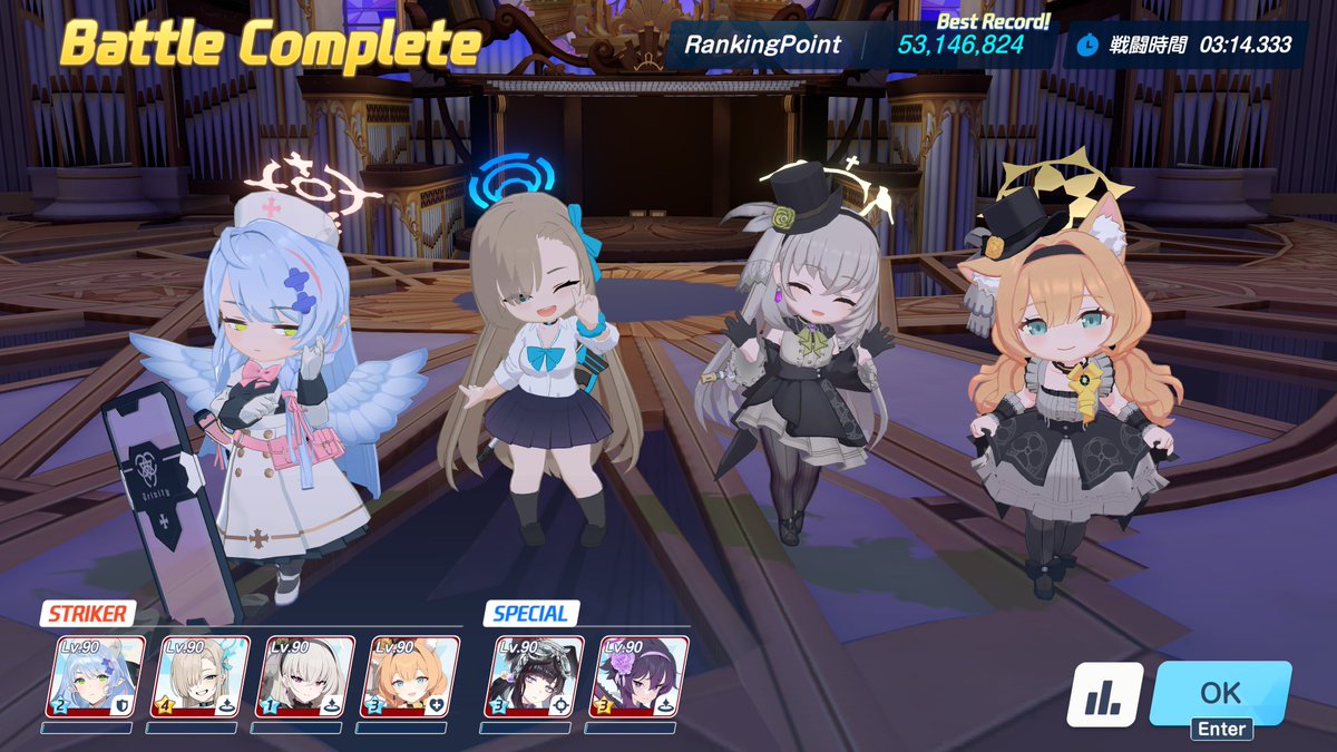 Masapon78's tweet photo. ブルアカ
総力戦　グレゴリオ　軽装備
Lunatic　2凸クリア＾＾

１凸動画が出ていたので
なんとか育成して、ぶっつけ本番
ホシノとか順番に落とすの無理ｗ
仕方なく、３枚目のチケットで
ホシノだけ落ちた、残り８００万程を
２部隊目編成してクリア
こんな運ゲーパターンもあるんだな＾＾； https://t.co/OMpPZQuhnl