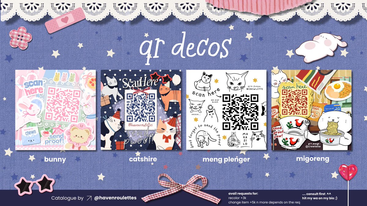 havenroulettes's tweet photo. hi Lovpss!! 💕🐻‍❄️
*a 🩷 or 🔄 is appreciated☺️

—get new decoRation for ur QR babes!☁️
check out these instant qr deco designs!😘 

cocok buat yg lgi bosen sama qr nya also for ba baru yang qr nya baru terbit🫶🏻 its time to deco-ing ur qr!😉

🏷️ 8k each free retext!
🍒 recolor +3k
⭐️ custom replace item +7k />

🪜 qr deco design qris #bealanja