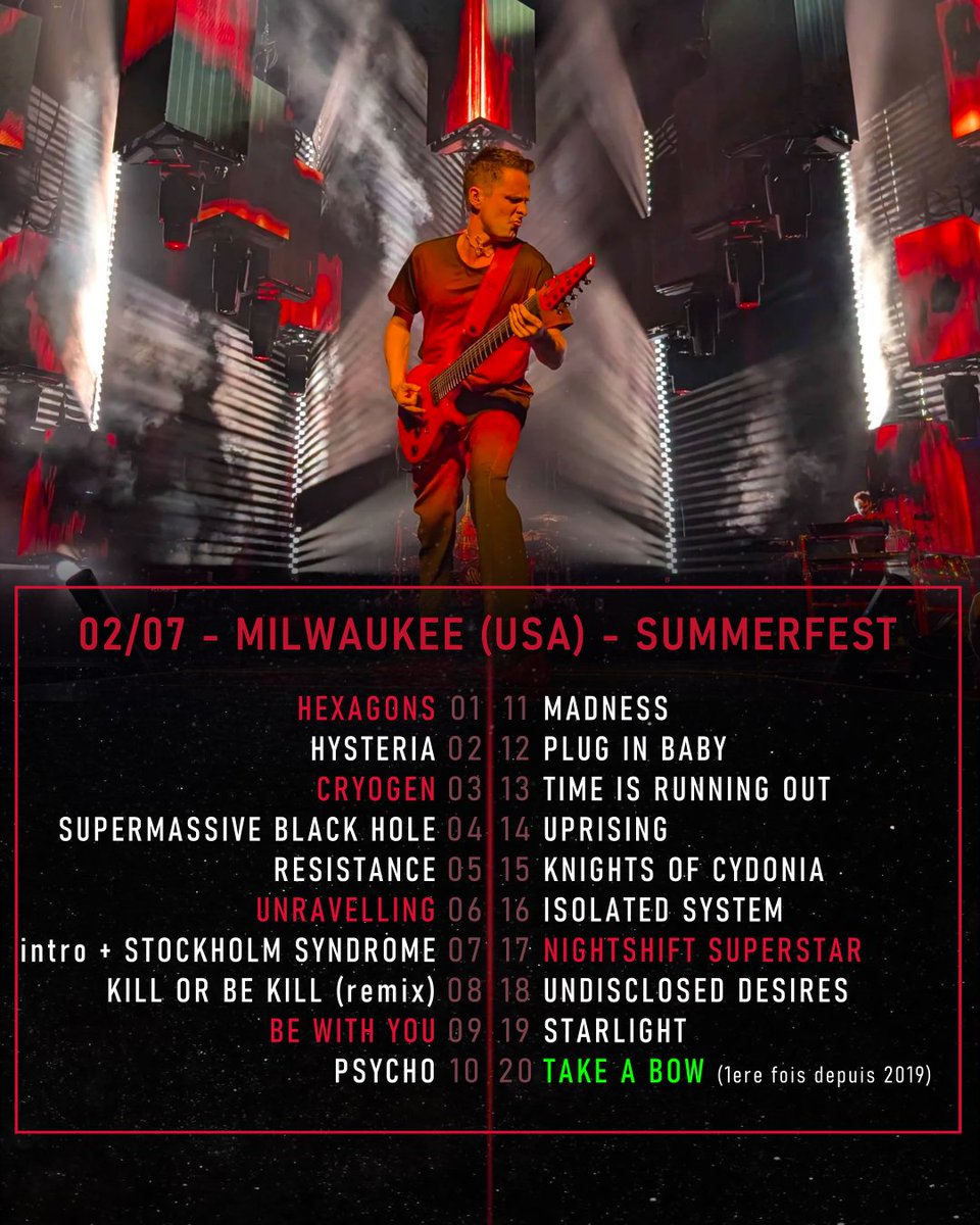MuseFrance's tweet photo. Voici la setlist du 1er concert de la tournée Nord Américaine ! 
Hexagon en ouverture et Take a Bow en clôture (ca n'était pas arrivé depuis 2010 !) 

📸 Katt of cydonia (musecord) https://t.co/iL9AYTHzQM