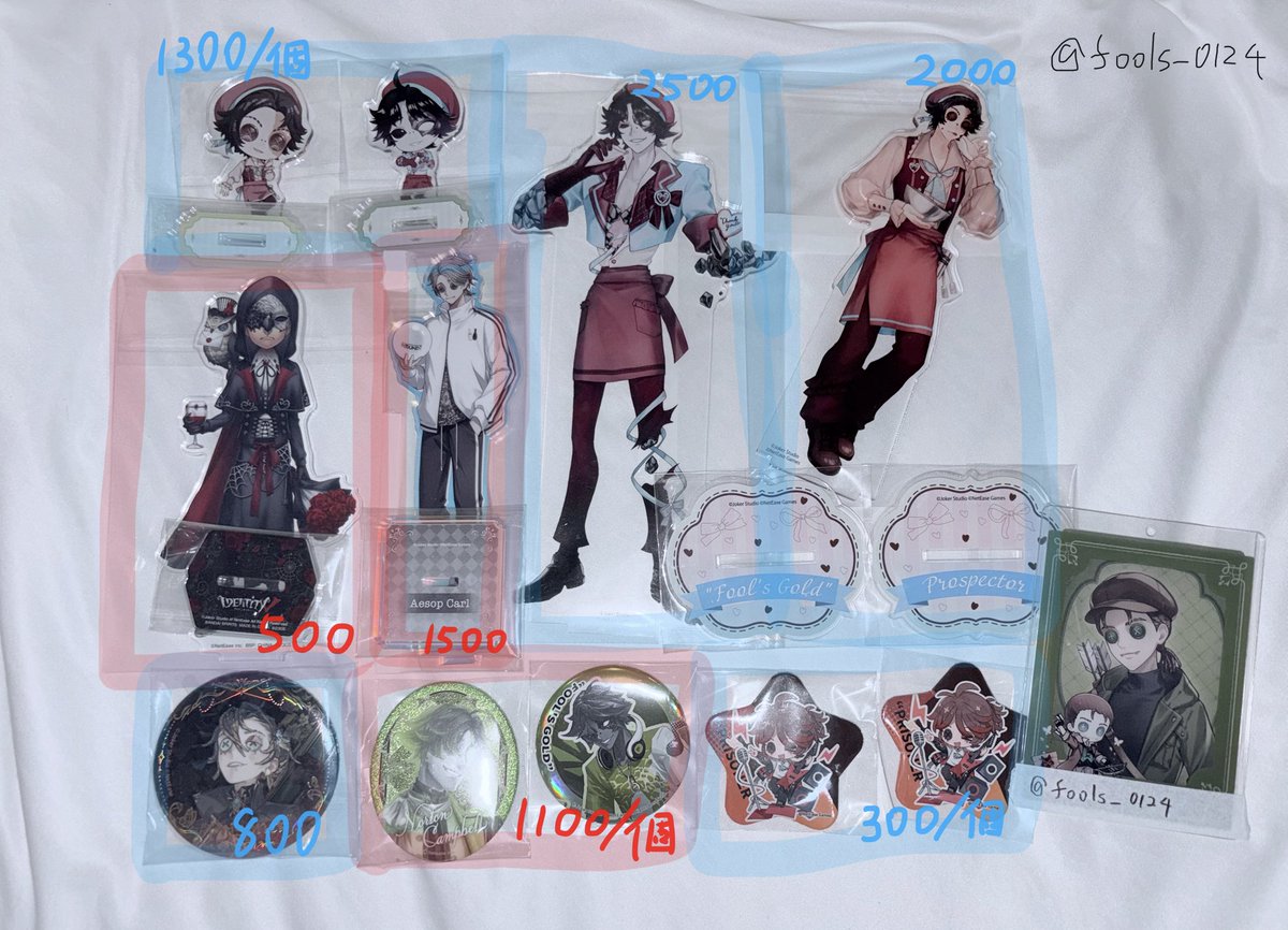 fools_0124's tweet photo. 【譲渡・交換】第五人格 IdentityV グッズ 特典 缶バッジ アクスタ カード

譲：画像1〜4枚目
（フールズ・ゴールド、探鉱者、傭兵、曲芸師、占い師、人形師、 他）

求：画像記載の金額 ＋ 送料

お気軽にお声掛けください🌸

条件はツリー（リプ欄）に続きます↓ https://t.co/PoQLnJDKUP