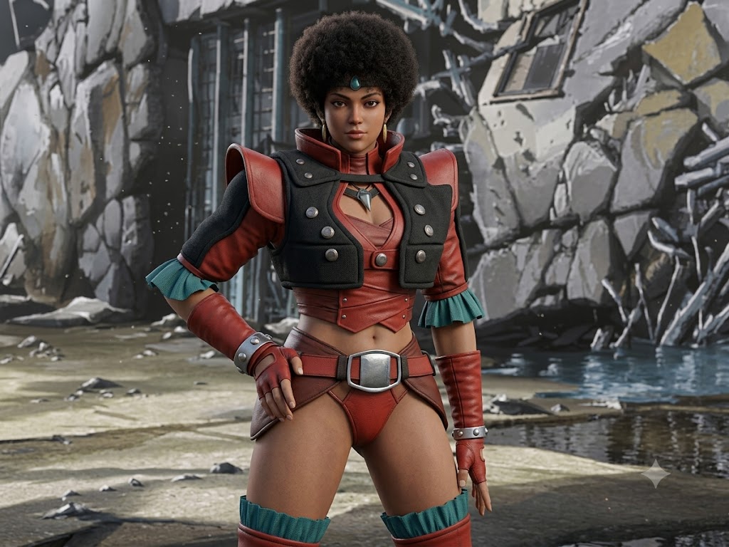 RaidenSnake11's tweet photo. I made this screwing around on Google Gemini for the very first time,  and I thought it was funny enough to post online.  I for one would watch a post-apocalyptic-themed, sci-fi/action movie that features Beyonce playing a warlady or a warlord's girlfriend not unlike Vaiya (Paiya) from the MD Geist OVA series.