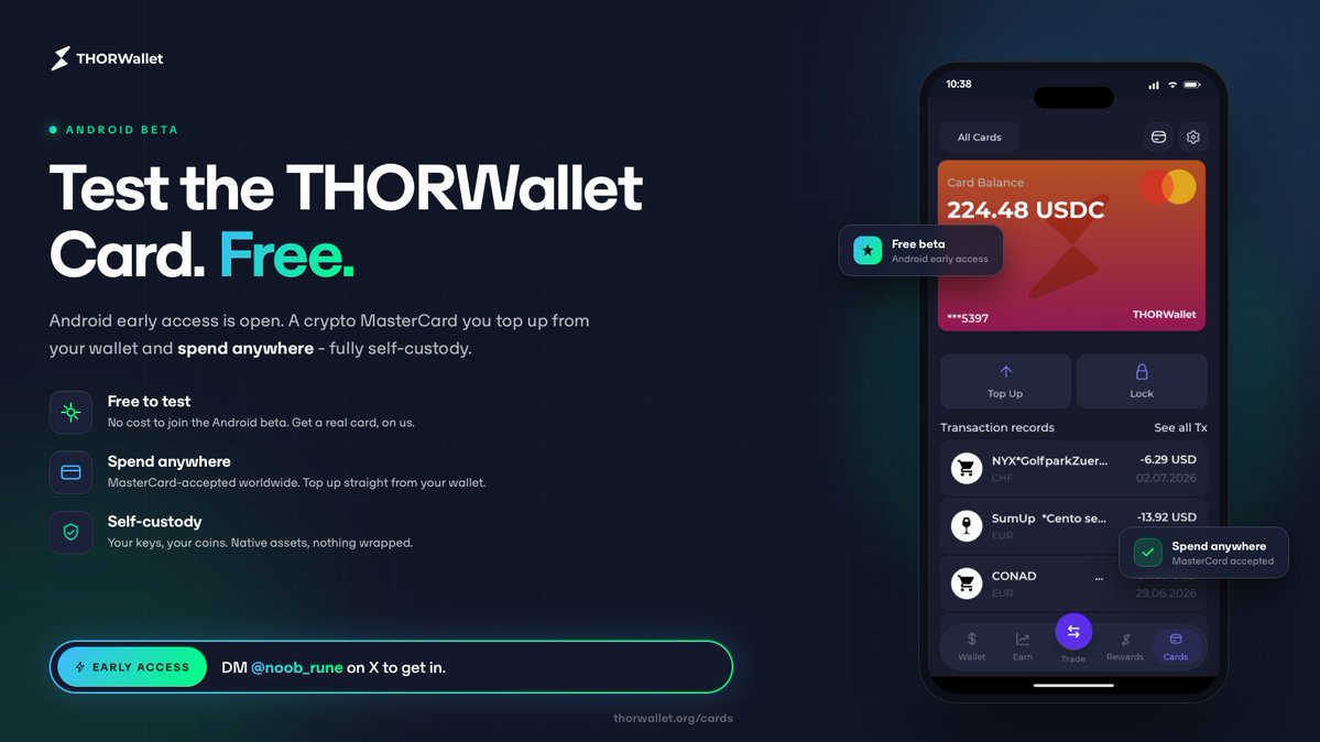 Thorwallet's tweet photo. 📱 THORWallet Card is now in Android beta for testing - ill and it's free.

A crypto MasterCard you top up from your wallet and spend anywhere. Your keys, your coins. Nothing wrapped.

Want in? DM @noob_rune on X for early access. https://t.co/eTKvrd6auU https://t.co/X4PuhMXyrq