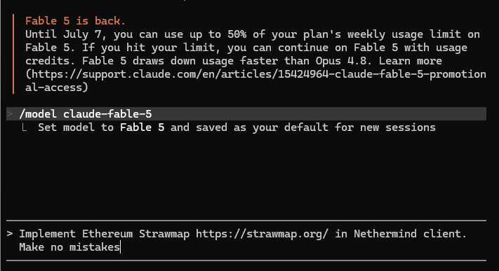 M25Marek's tweet photo. Testing @AnthropicAI's new Fable 5 model. 

My prompt is "Implement Ethereum Strawmap". https://t.co/sdqKsDvqF2