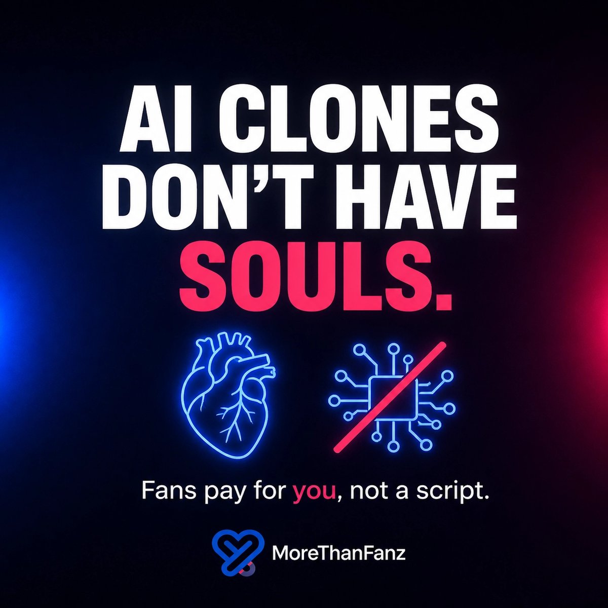 FanzMore's tweet photo. They want your likeness. We want your humanity.

Licensing your face to an AI model isn’t growth; it’s a retirement plan for your brand. Fans pay for the person, not the pattern.

Choose real connection. Choose MoreThanFanz.

#HumanFirst #CreatorEconomy #MoreThanFanz https://t.co/TXofw2wnTh