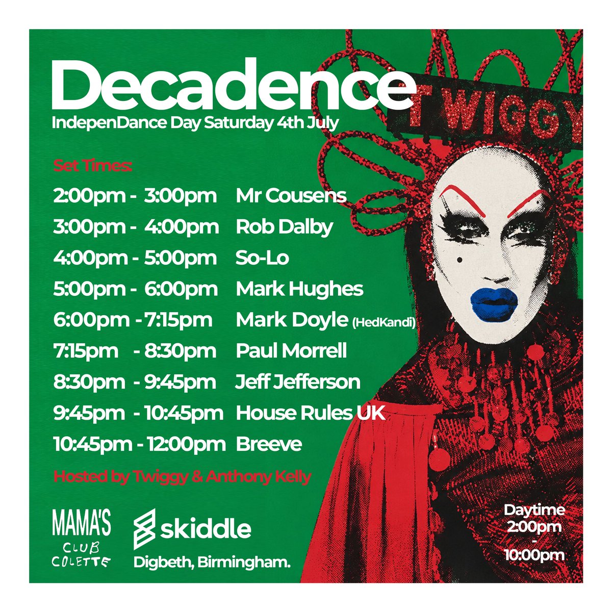 PAULMORRELL's tweet photo. Set times for tomorrows Decadence with @fiercemark creator of @hedkandi in #birmingham at Club Colette. Tickets from Skiddle: https://t.co/xmOjwGnhkM https://t.co/Dtfrk3slkx