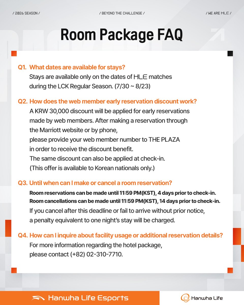 HLEofficial's tweet photo. 🏨BEYOND THE CHALLENGE Room Package is OPEN!

Make your match day even more special with a hotel stay!

Enjoy a stay at THE PLAZA, 2 HLE match tickets for the day of your stay, and even a chance to win a team-signed uniform from all HLE players🎁

Cheer louder at CHZZK LoL Park,
then relax and unwind at THE PLAZA in comfort🧡

🔗Book Now
https://t.co/BbFEkvOWSJ