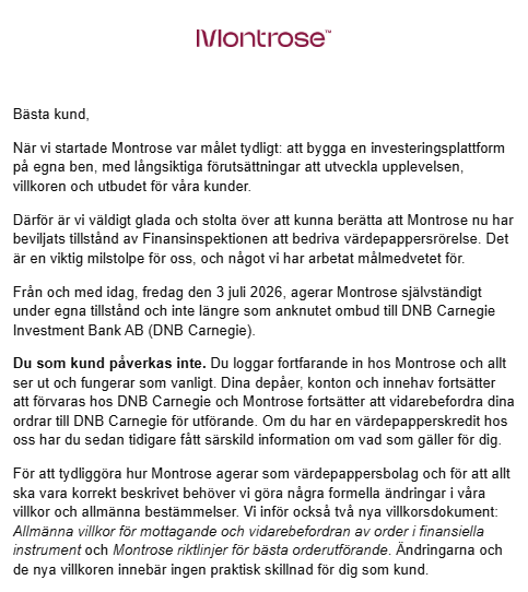 BomanAlexander's tweet photo. Idag har Montrose beviljats tillstånd av Finansinspektionen att bedriva värdepappersrörelse ✅

Mer info nedan. https://t.co/T8nAW71TZH
