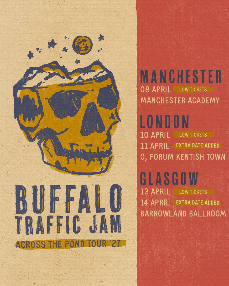 O2ForumKTown's tweet photo. Don't miss folk group Buffalo Traffic Jam take their Across The Pond Tour '27 to #O2ForumKentishTown for two special shows on Sat 10 + Sun 11 Apr next year 🎵

Tickets on sale now🎟️https://t.co/wabS6zKGEL
#BuffaloTrafficJam https://t.co/AwdlVwHz4U