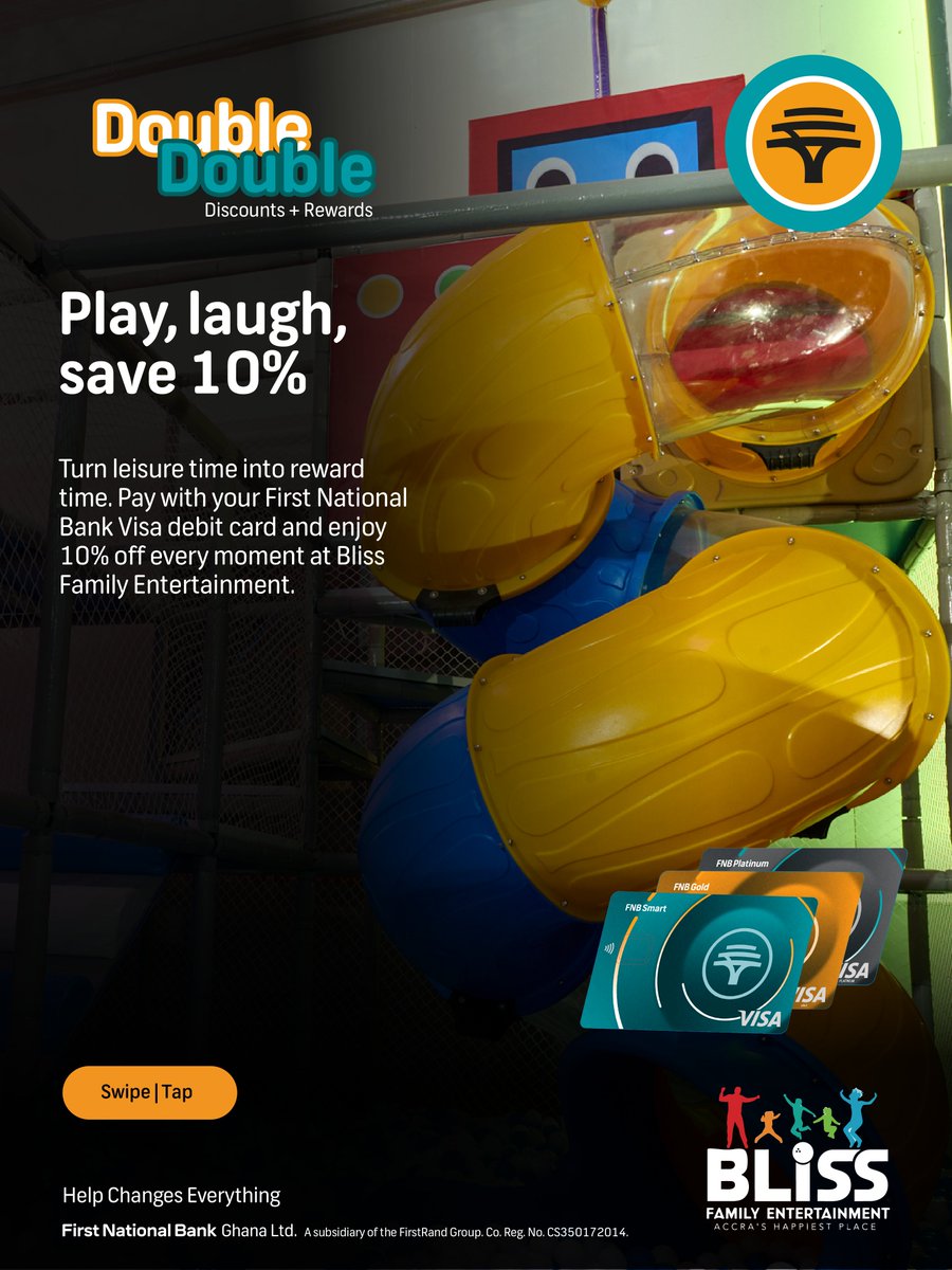 firstnatbankgh's tweet photo. This long weekend is a good time to play more, laugh louder, and enjoy every second at Bliss Family Entertainment and save 10% and also earn cash back rewards when you pay with your First National Bank Visa debit card. 

#FNB #HelpChangesEverything #DoubleDouble https://t.co/Wu2AMsYYAJ