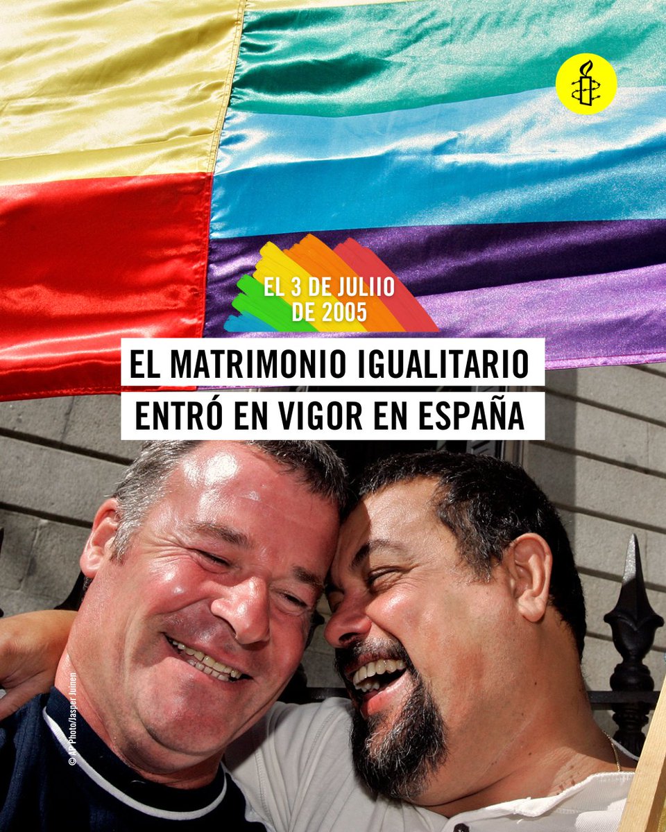 amnistiaespana's tweet photo. ¡Que maravilla, hay que celebrar! Tal día como hoy, el matrimonio igualitario entró en vigor en España.
Gracias a todas las personas que se lo lucharon.

💪¡Ni un paso atrás en nuestros derechos! 👉 https://t.co/vV4zVNRYFG https://t.co/6fwqC5PpMV