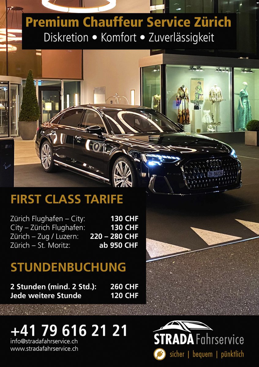 Stradafahren's tweet photo. Premium Chauffeur Service in Zürich für Flughafentransfers, Businessfahrten und VIP-Service. «Strada» steht für Diskretion, Komfort und Zuverlässigkeit. Jetzt buchen und First Class Mobilität geniessen.
https://t.co/gew74wHprS https://t.co/5oDO3OIUmF