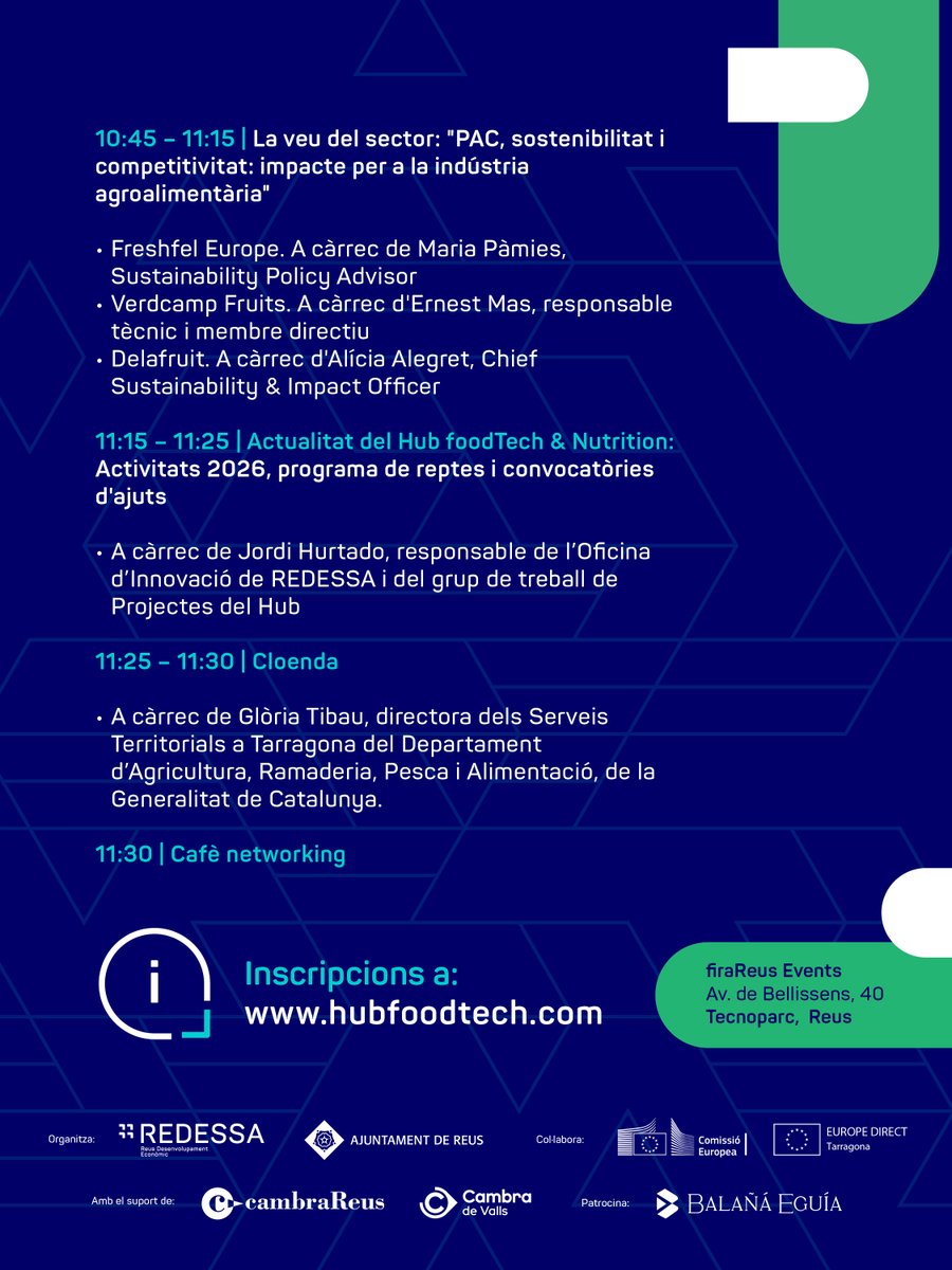 RedessaReus's tweet photo. 🌍 El #HubFoodtechNutrition impulsa una jornada per abordar les oportunitats que ofereix la Unió Europea al sector agroalimentari.

📅 10/07
🕒 De 9 a 11:30 h
📍 @firaReusEvents 

👉 Més informació: https://t.co/9adiTvBBTZ

 #REDESSA @govtarragona @agriculturacat @reus_cat https://t.co/TFtbS5reBa