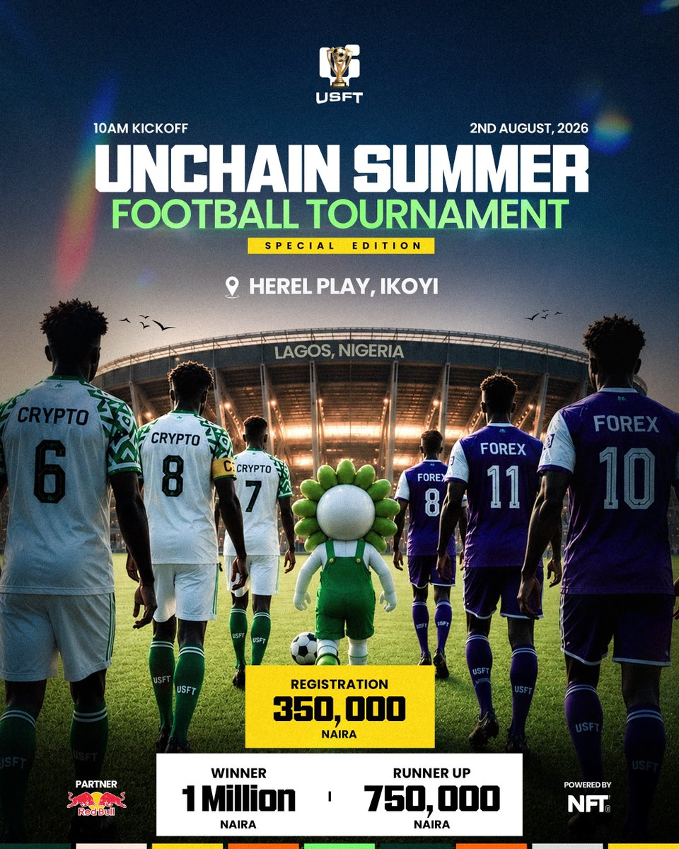 mujeebtium09's tweet photo. It’s almost that time of the year again when @NFT__NG asks footballers to step away from their laptops, leave the charts behind and lace up their boots for an exciting showdown on the pitch.

As part of the 5th anniversary celebration of Unchain Summer 2026, the week kicks off with the highly anticipated Football Tournament, bringing together the Web3 community for competition, networking and fun.

Football Tournament

Date: August 2, 2026
Time: 10:00 AM
Venue: Herel Play Ikoyi, 14 Ojomu Rd, Lagos

Think your squad has what it takes?

Gather your team of 10 players (9 players and 1 goalkeeper) and register for the tournament for ₦350,000 per team.

Register your team by sending a DM to @jiggyblackboy67.

And yes, there are serious rewards up for grabs:

🏆 Winner - ₦1,000,000
🥈 Runner-up - ₦750,000

If you've been waiting for the right moment to register, this is it. Secure your spot now and get ready to compete, connect and create unforgettable memories at Unchain Summer 2026.

See you on the pitch.

Let's lace the boots and let the games begin.

#UnchainSummer26 #UnchainTakeover