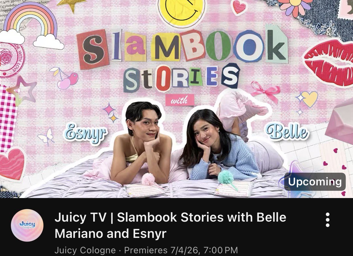 jisooperwoman's tweet photo. Juicy TV | Slambook Stories with Belle Mariano and Esnyr on July 4, 7pm 💜

excited for this one! 👀🥰

https://t.co/8KK2RA6G8b #bellemariano https://t.co/IjCcg4XE1M