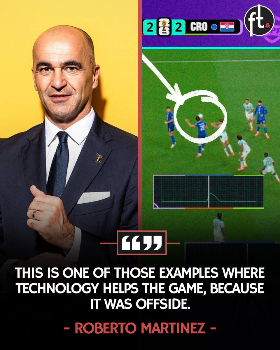 Footballtweet's tweet photo. 🗣️🇵🇹 Roberto Martínez on the disallowed goal against Croatia:  "This is one of those examples where technology helps the game, because it was offside. There is no subjective opinion.

It is offside. Why? The chip in the ball showed that it was Matanović's touch, then Renato Veiga's touch... The decisions and the technology today, I think they were all correct."