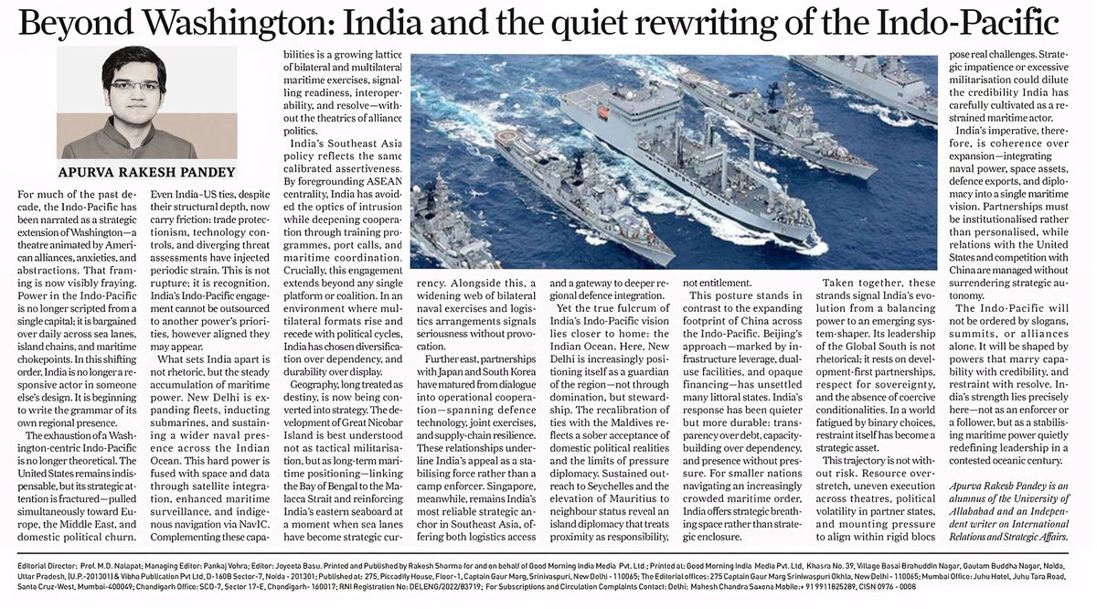 ask_apurvap's tweet photo. My latest in The Daily Guardian explores India's evolving Indo-Pacific vision—strategic autonomy, maritime power, and diversified partnerships in an increasingly contested region.

@dravirmani @AkbaruddinIndia
@HappymonJacob @KanwalSibal
@c_aashish 

 https://t.co/xxhd7ivRVp https://t.co/oLssFZ2gx8