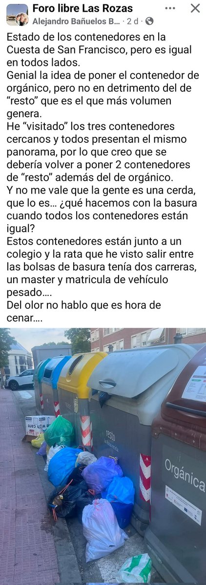 _JMMS_'s tweet photo. Mientras el alcalde da discursos sobre "ciudades viables y sostenibles", en el pueblo la gestión de residuos es tan "inteligente" que las ratas campan a sus anchas al lado de un colegio.
#LasRozas 
https://t.co/ukb3itpo2s https://t.co/btarn9kZcB