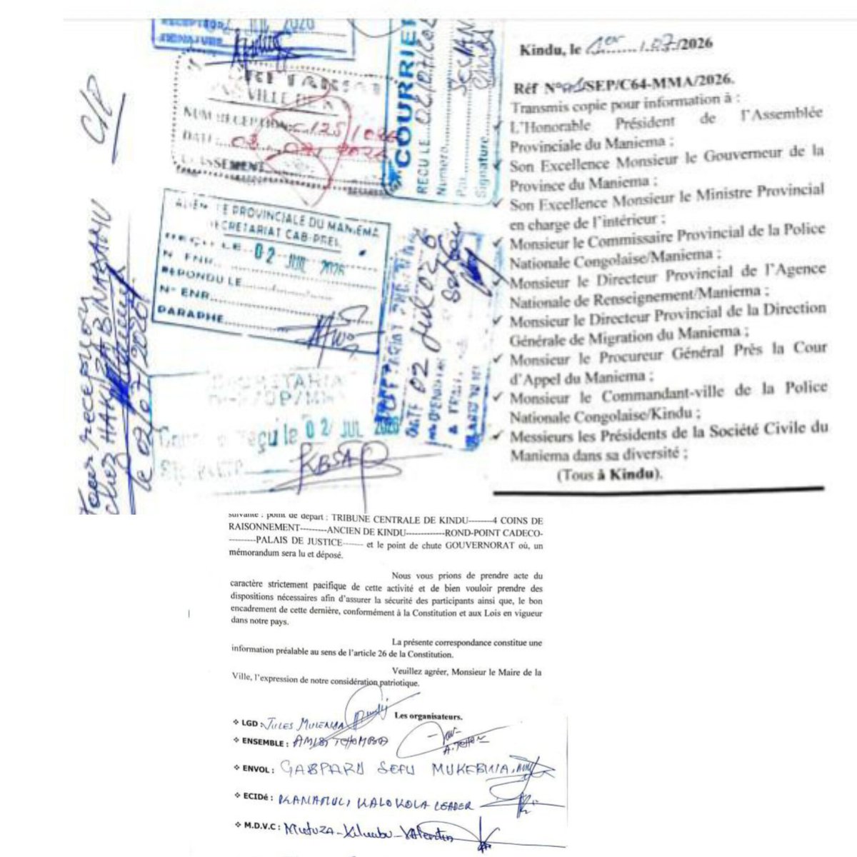 NdjekaSony's tweet photo. #MANIEMA| Tout est fin prêt pour la marche pacifique du 08 juillet de la #C_64 !
Dans un État de droit, les organisateurs d'1e manifestat° n'ont pas à attendre une autorisation : ils se contentent d'informer les autorités de l'itinéraire &amp; du lieu où se déroulera la manifestat°. https://t.co/fqNjQAZqvG