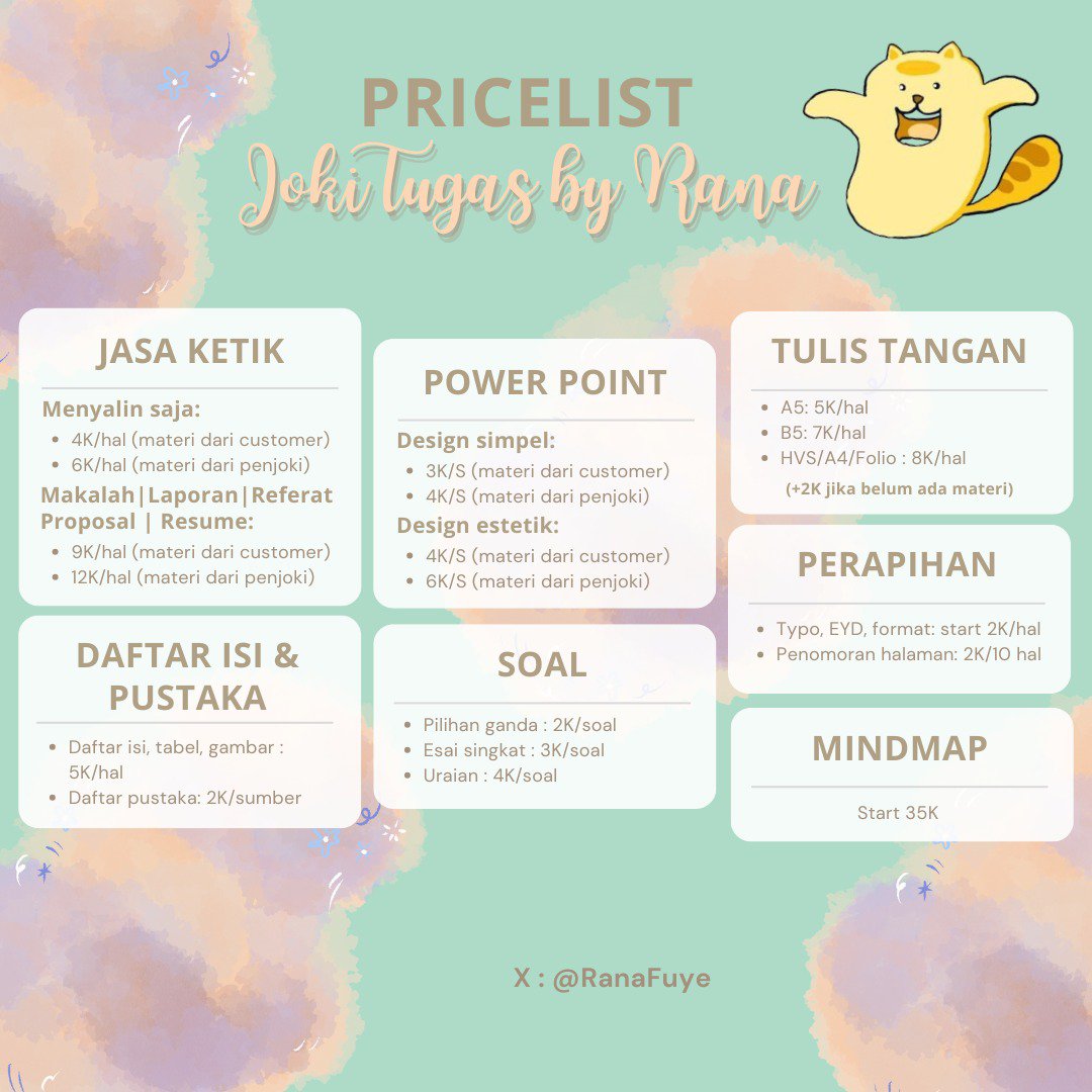 RanaFuye's tweet photo. Rana open ya...
Melayani joki tugas : 
- kedokteran atau kesehatan (PBL, referat)
- PPT
- Daftar isi, no hal, perapihan
- Joki Tulis
- MIPA (SD-SMA) 

bisa banget langsung WA
> https://t.co/IPtdKzekkO
2nd acc dari @Ranafuye_
📍Jaksel

#jokitugas #zonauang
#jokitugaskedokteran https://t.co/zoqFYtV4Aj