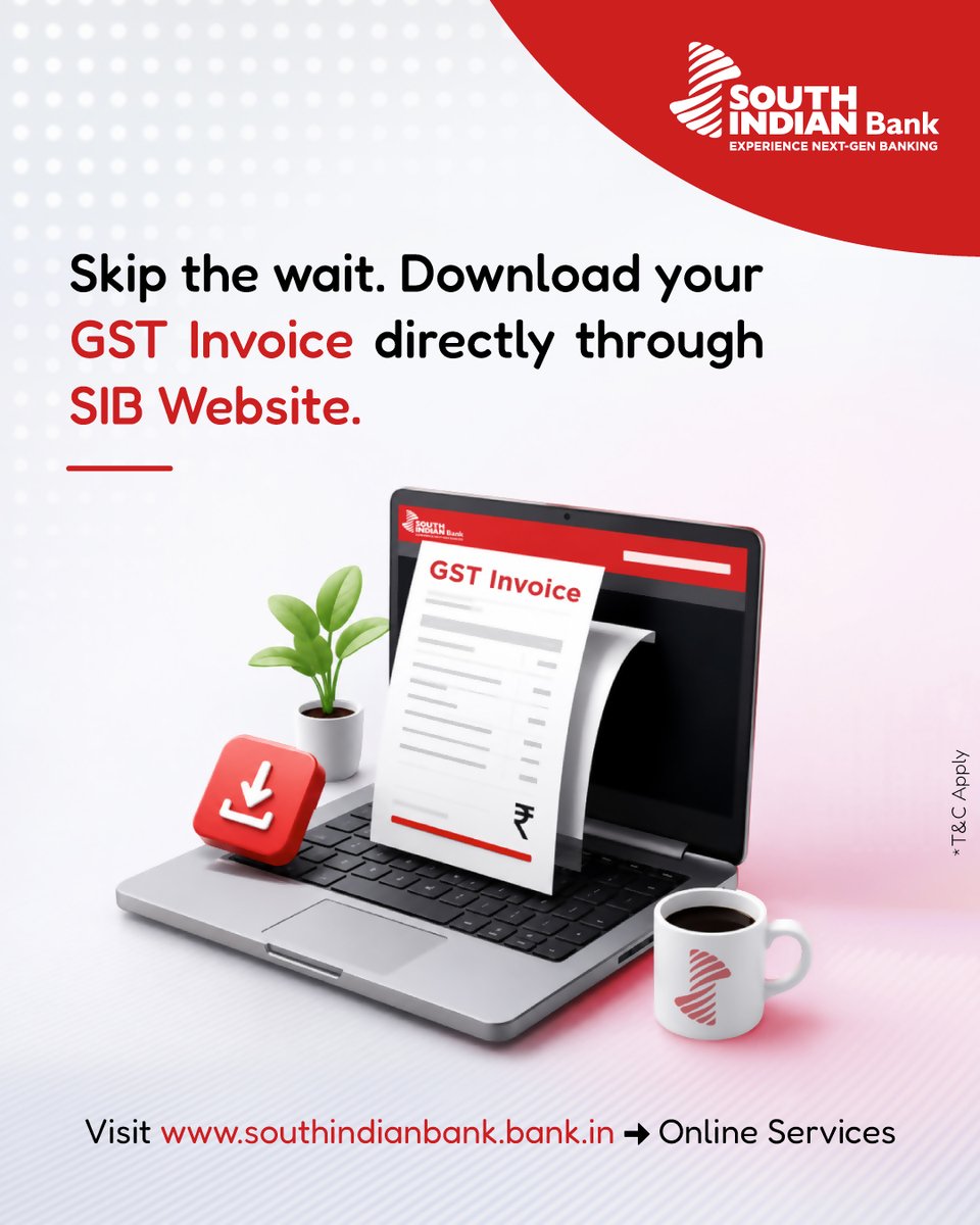 OfficialSIBLtd's tweet photo. Need your GST Invoice right away? We've got you covered. 📑
Download your GST Invoice online with ease and save time for what matters most.
Download now: https://t.co/XDBRlIm87G
#SouthIndianBank #EasyBanking #DigitalServices #GSTSupport #ExperienceNextGenBanking https://t.co/API4MIgU0b