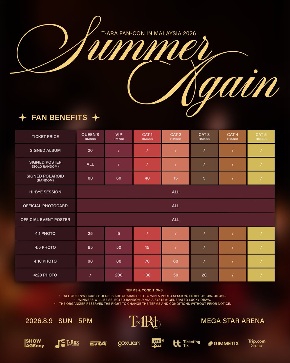 TrexStudioROAR's tweet photo. Get ready, Queen's! 💛 Here's the official ticketing details for T-ARA FAN-CON IN MALAYSIA 2026 [Summer Again].👑

🎫 Ticket Categories
QUEEN'S RM888 | VIP RM788 | CAT 1 RM688 | CAT 2 RM588 | CAT 3 RM488 | CAT 4 RM388 | CAT 5 RM338

🎟 General Ticket Sales
Date: 7 July 2026 
Time: 12:00 PM 
Official Platforms: Ticketing Tix | GimmeTix

✈️ Official Travel Partner: https://t.co/cWlJQ4TY7D

Secure your seats and get ready to spend an unforgettable summer with T-ARA! ☀️

#TARA #TARAinKL #SUMMERAGAIN #TrexStudio
