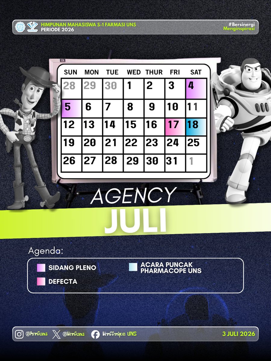 Hmfuns's tweet photo. [AGENCY]

Di bulan Juli nanti bakal ada kegiatan seru yang sayang banget kalau dilewatkan 🤩🔵
Save the Date!

🪼Sidang Pleno 1 = 4-5 JULI
🪼DEFECTA = 17 JULI
🪼Acara Puncak PHARMACOPE UNS = 18 JULI https://t.co/S4BOU6TwNc