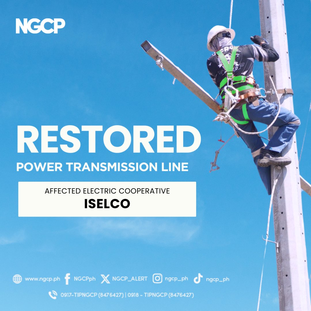 NGCP_ALERT's tweet photo. Restored power transmission services in parts of Isabela today, 3 July 2026 at 4:20PM

Affected: Parts of ISELCO I (Paddad, Prenza and San Fermin Substations)

Reason: Preventive and corrective maintenance activities at Santiago Substation and along Santiago–Cauayan 69kV transmission line.

Specific areas are determined by the distribution utilities or electric cooperatives. 

We appreciate your patience and understanding during the power interruption.
