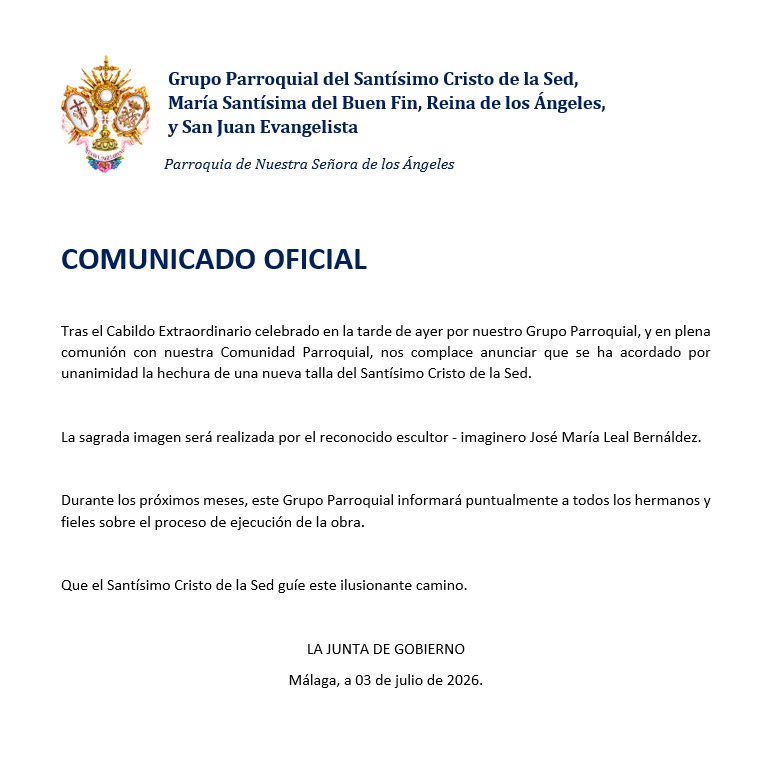 SedyBuenfinmlg's tweet photo. 🔴 COMUNICADO OFICIAL:

Nueva imagen del Santísimo Cristo de la Sed que realizará José María @LealBernaldez
Agradecemos a todos los hermanos y fieles su apoyo en esta decisión, tomada desde el discernimiento mas profundo y con máxima responsabilidad

#cofradíasmlg https://t.co/x0cXwMFl7g
