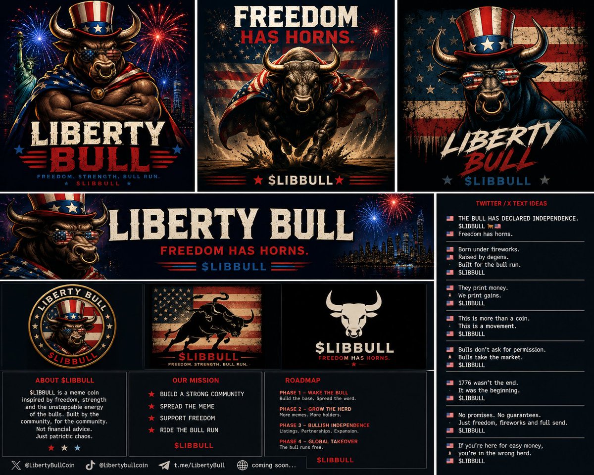 LibertyBullCoin's tweet photo. Welcome to Liberty Bull.

Born under fireworks.
Raised by degens.
Built for the bull run.

$LIBBULL is patriotic meme chaos for the herd.

No promises. No guarantees.
Just freedom, fireworks, and full send.

Not financial advice.

#MEMECOIN #CRYPTO https://t.co/KFbq5A8g8U